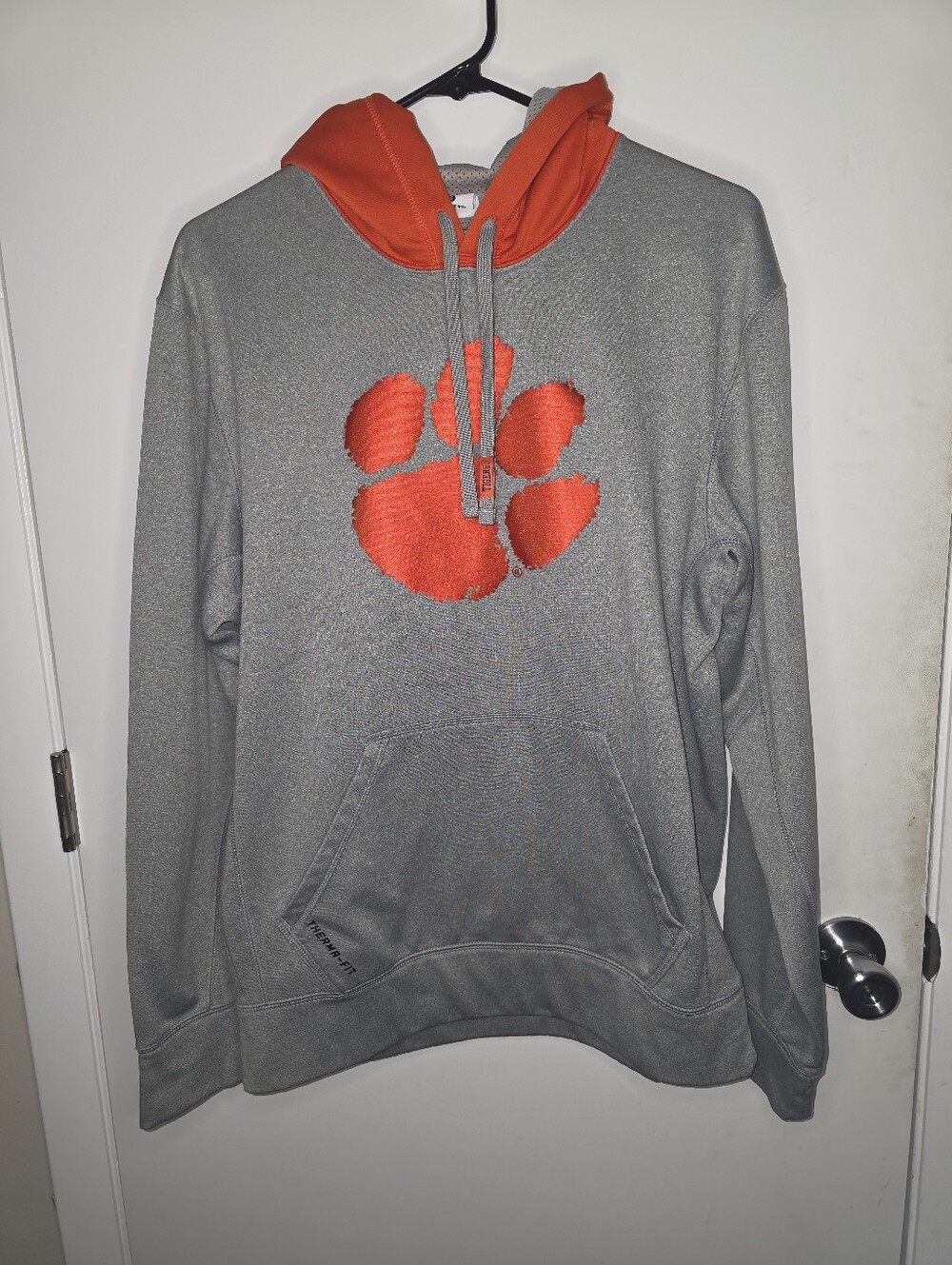 Nike Therma-FIT Clemson Tigers Hoodie Gray Orange Paw Print Sweatshirt Small
